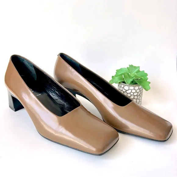 Vintage Massimo Italy Brown Leather Square Toe Heels Block Heels Size 10