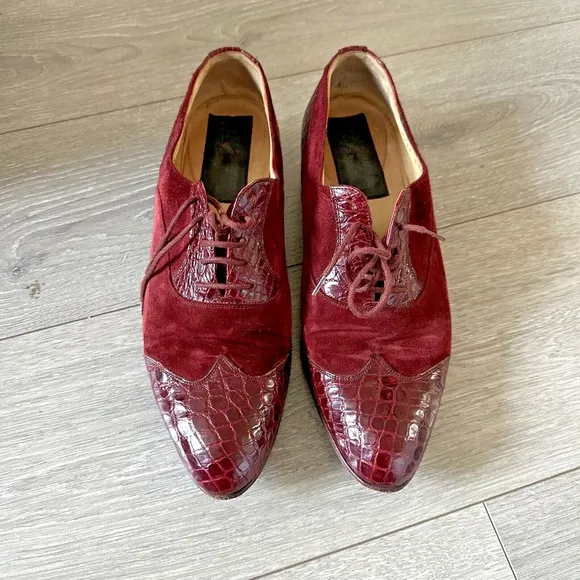 Vintage Men Size 10M  Burgundy Crocodile Print Leather Tie Up Dress‎ Shoes