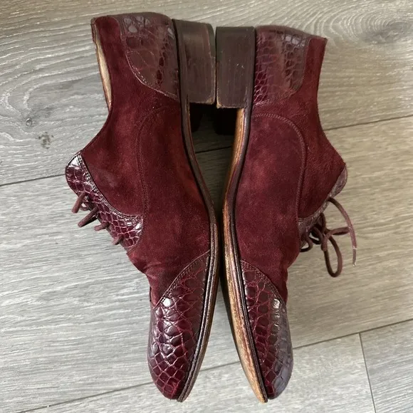 Vintage Men Size 10M  Burgundy Crocodile Print Leather Tie Up Dress‎ Shoes