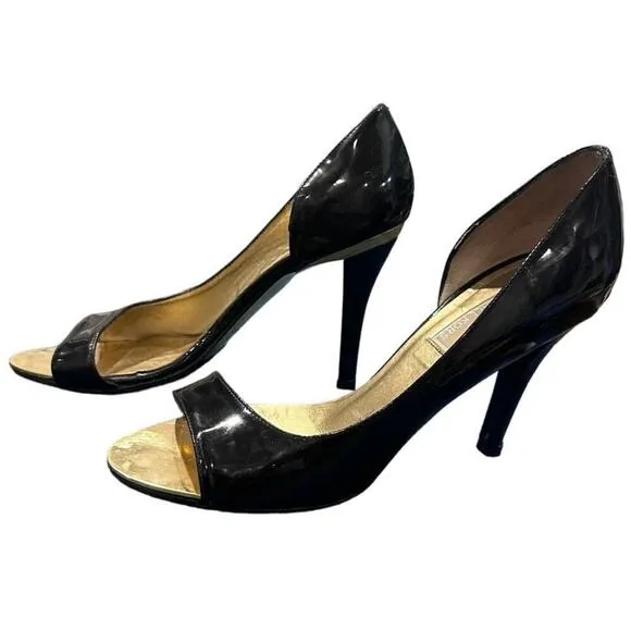 Vintage Michael Kors Black Patent Leather &amp;Gold Open Toe Heels Made in Italy EUC