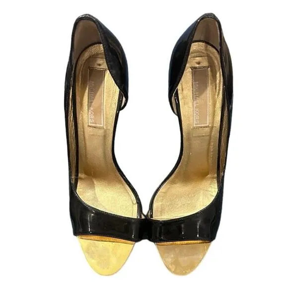 Vintage Michael Kors Black Patent Leather &amp;Gold Open Toe Heels Made in Italy EUC