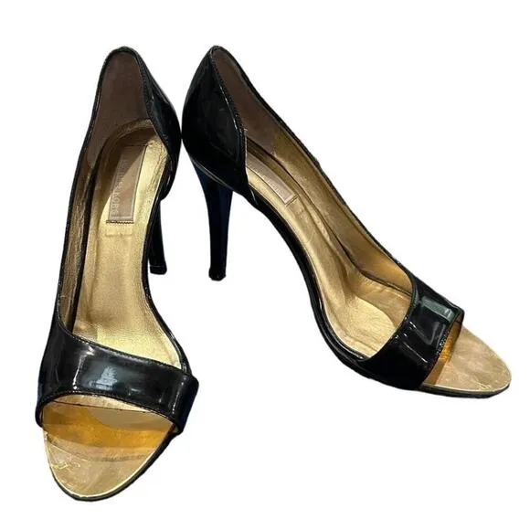 Vintage Michael Kors Black Patent Leather &amp;Gold Open Toe Heels Made in Italy EUC