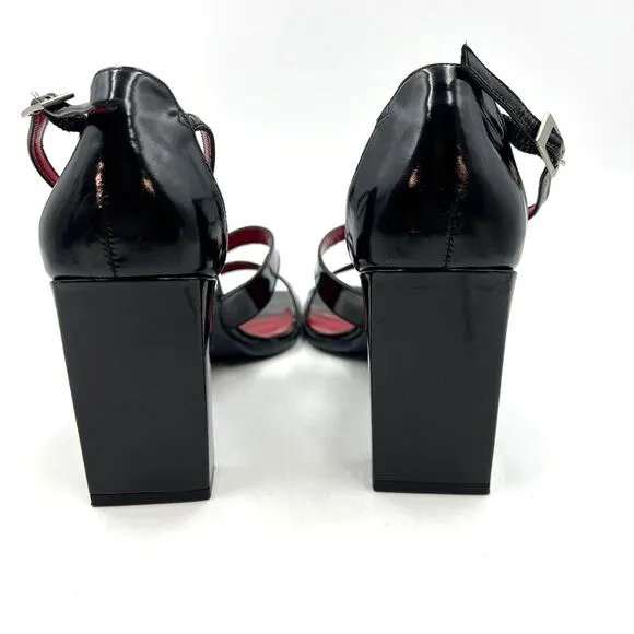 Vintage Nine West Strappy Block Heels Black Leather Square Toe Cocktail Party