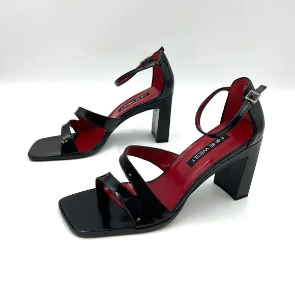 Vintage Nine West Strappy Block Heels Black Leather Square Toe Cocktail Party