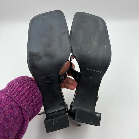 Vintage Nine West Strappy Block Heels Black Leather Square Toe Cocktail Party