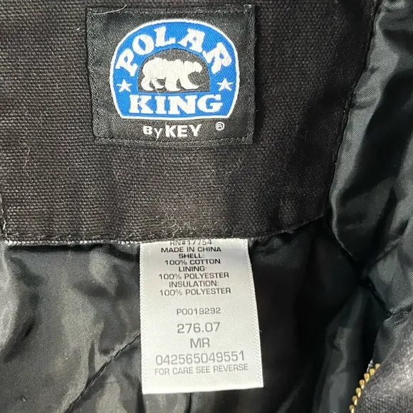 Vintage Polar King by Key Black Quilt Lined Bib Overalls Cotton Canvas Zip Front