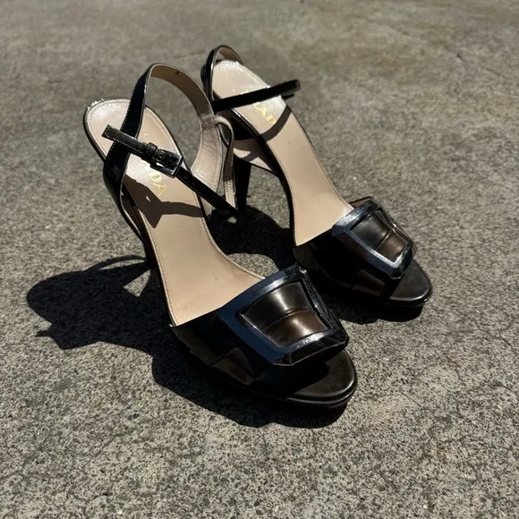 Vintage Prada Brown Patent Leather Open Toe Heels