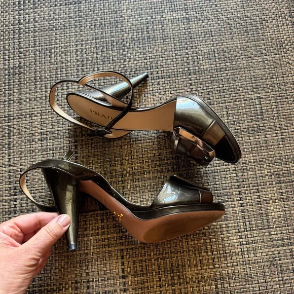 Vintage Prada Brown Patent Leather Open Toe Heels