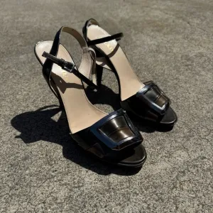 Vintage Prada Brown Patent Leather Open Toe Heels