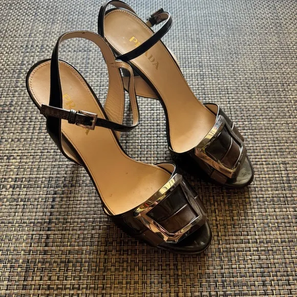 Vintage Prada Brown Patent Leather Open Toe Heels