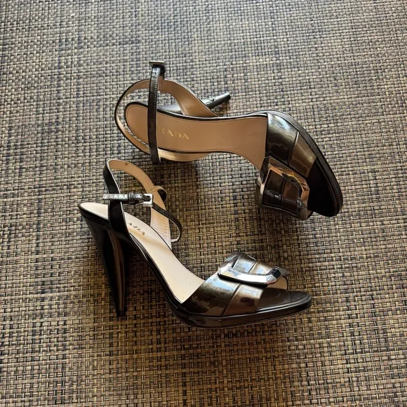 Vintage Prada Brown Patent Leather Open Toe Heels