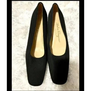 Vintage Salvatore Ferragamo Women's Black Block Heel Square Toe Heels Size 9.5