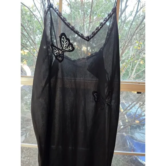 Vintage Semi Sheer Papillon By Paula Careone Black Nightgown Butterfly Appliqué