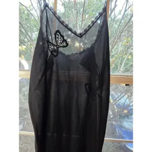 Vintage Semi Sheer Papillon By Paula Careone Black Nightgown Butterfly Appliqué