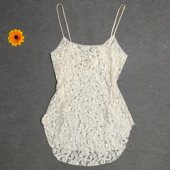 Vintage Sheer Floral Lacey Lingerie Ivory Cream Slip Chemise Tank Mini Dress