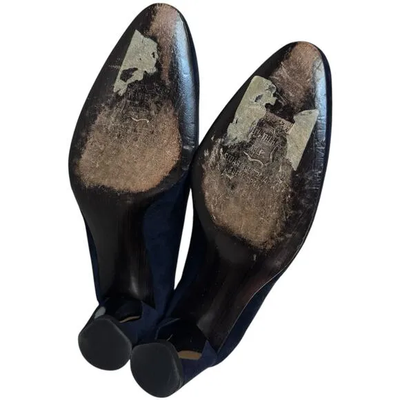 Vintage Stuart Weitzman Navy Blue Suede Leather Almond Toe block heels size 5