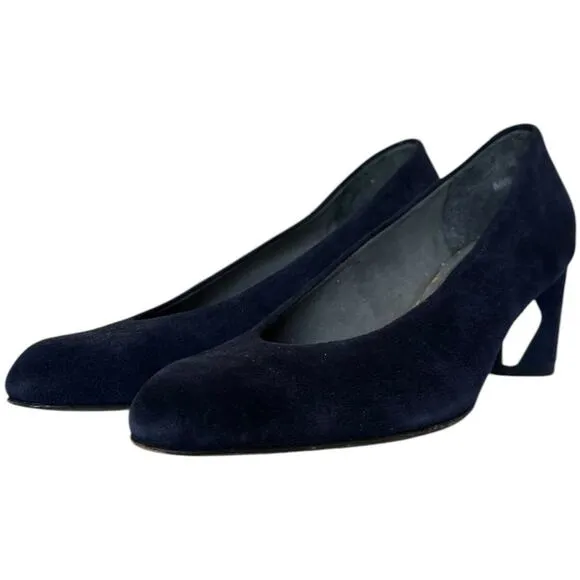 Vintage Stuart Weitzman Navy Blue Suede Leather Almond Toe block heels size 5