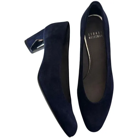 Vintage Stuart Weitzman Navy Blue Suede Leather Almond Toe block heels size 5