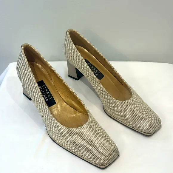 Vintage Stuart Weitzman Neutral Woven Block Heels 8.5