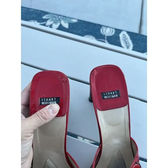 Vintage Stuart Weitzman Red Patent Leather Open Toe Heels - Size 9