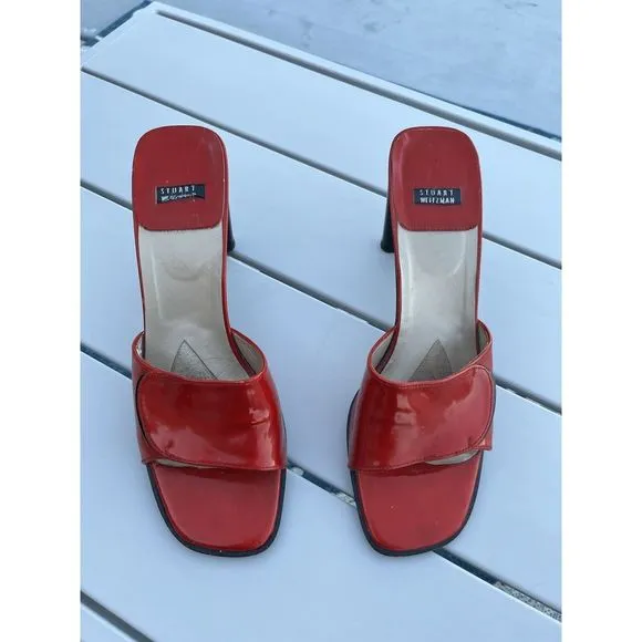 Vintage Stuart Weitzman Red Patent Leather Open Toe Heels - Size 9