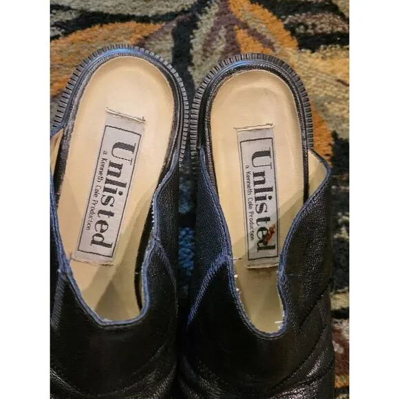 Vintage Y2K Mules Women's 7 Black Leather Patchwork Chunky Clogs Kenneth Cole