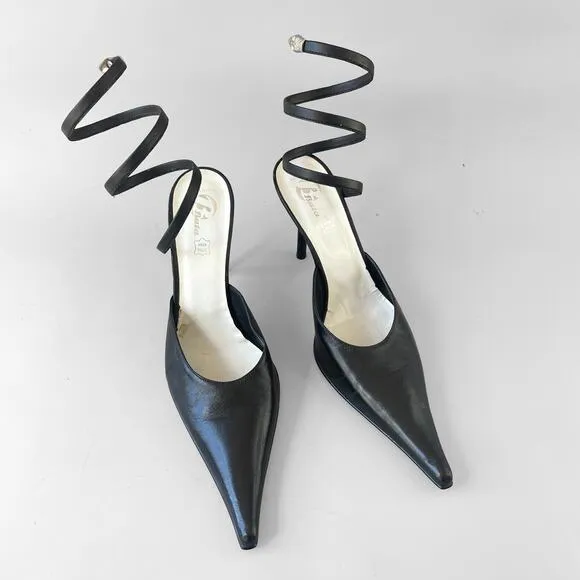 Vintage Y2K Snake Ankle Wrap Leather Stiletto Heel Made in Italy by Bata 39 Mule