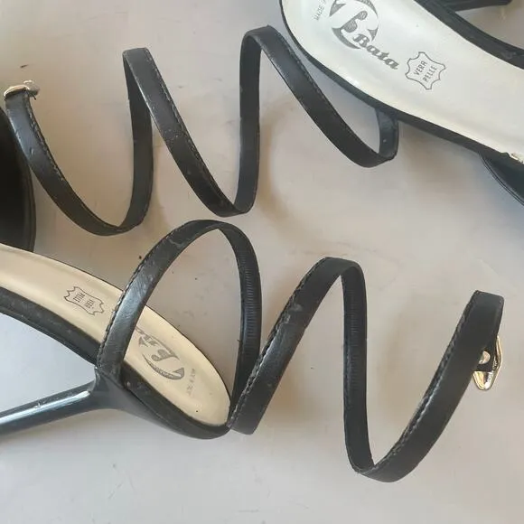 Vintage Y2K Snake Ankle Wrap Leather Stiletto Heel Made in Italy by Bata 39 Mule