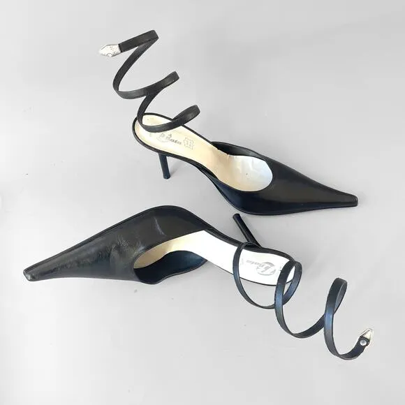 Vintage Y2K Snake Ankle Wrap Leather Stiletto Heel Made in Italy by Bata 39 Mule