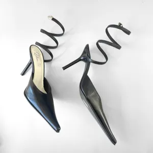 Vintage Y2K Snake Ankle Wrap Leather Stiletto Heel Made in Italy by Bata 39 Mule