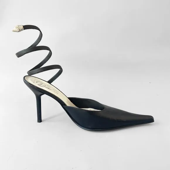 Vintage Y2K Snake Ankle Wrap Leather Stiletto Heel Made in Italy by Bata 39 Mule