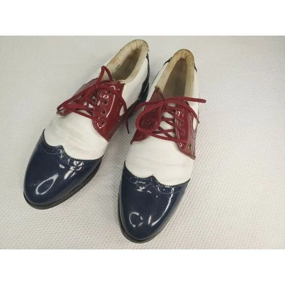 Vintage 60s Patent Leather Golf Shoes Oxfords Mens 9.5 Red White Blue USA