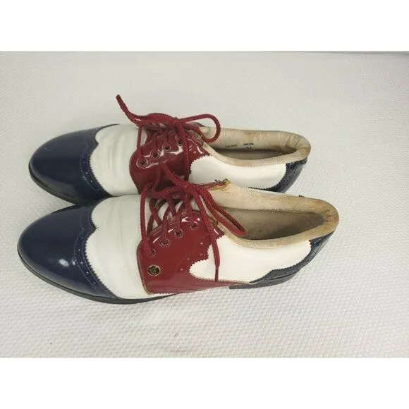 Vintage 60s Patent Leather Golf Shoes Oxfords Mens 9.5 Red White Blue USA