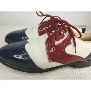 Vintage 60s Patent Leather Golf Shoes Oxfords Mens 9.5 Red White Blue USA