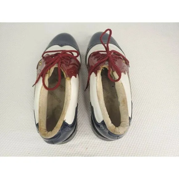Vintage 60s Patent Leather Golf Shoes Oxfords Mens 9.5 Red White Blue USA