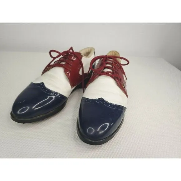 Vintage 60s Patent Leather Golf Shoes Oxfords Mens 9.5 Red White Blue USA