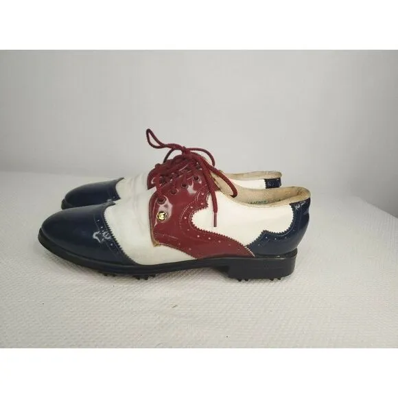 Vintage 60s Patent Leather Golf Shoes Oxfords Mens 9.5 Red White Blue USA