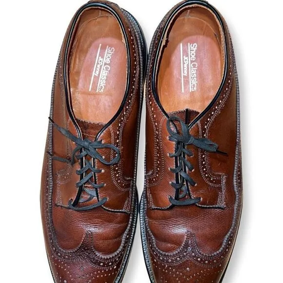 Vintage JC Penney Shoe Classics Brown Leather Longwing Wingtip Oxfords Men 10.5