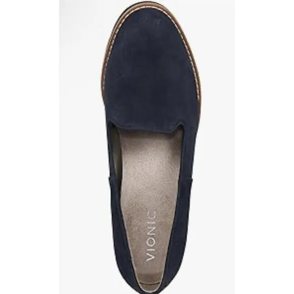 Vionic Willa Navy Suede Wedge Womens 6.5 Wide Slip On Shoes Arch Support New