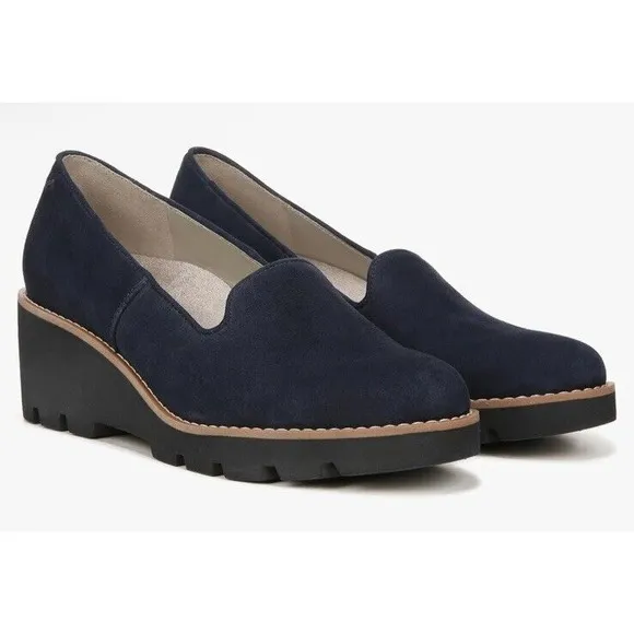 Vionic Willa Navy Suede Wedge Womens 6.5 Wide Slip On Shoes Arch Support New