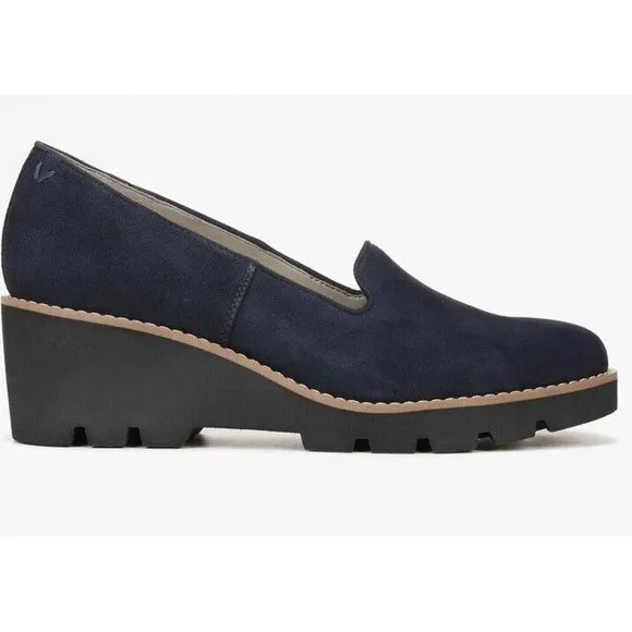 Vionic Willa Navy Suede Wedge Womens 6.5 Wide Slip On Shoes Arch Support New