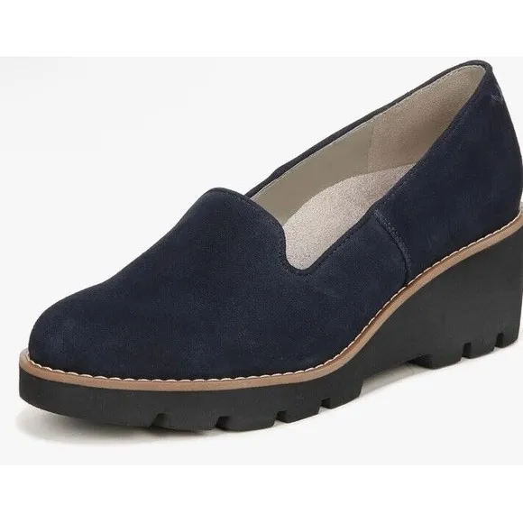 Vionic Willa Navy Suede Wedge Womens 6.5 Wide Slip On Shoes Arch Support New