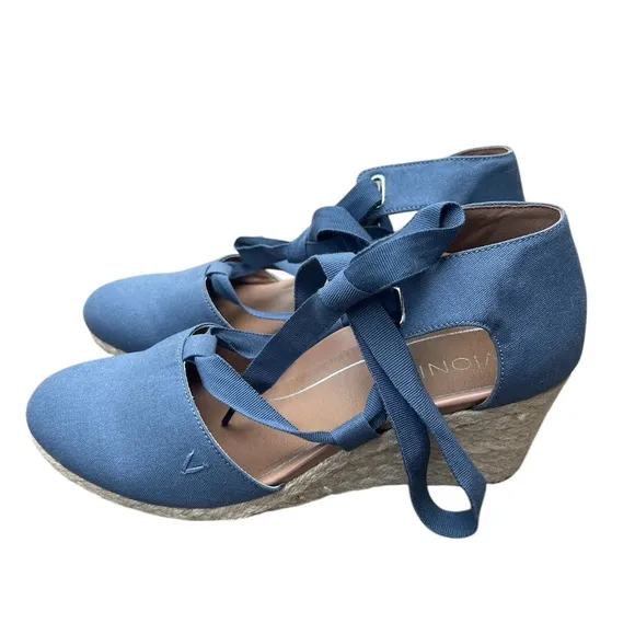 Vionic Women's Aruba Kaitlyn blue Lace-up Wedge Espadrille comfort shoes size 9