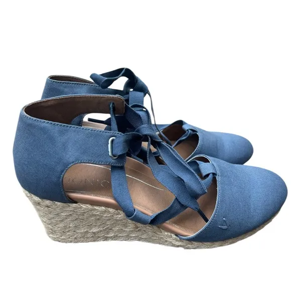 Vionic Women's Aruba Kaitlyn blue Lace-up Wedge Espadrille comfort shoes size 9