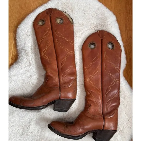 Vitg. TONY LAMA Cowboy Boots Women 7.5 Buckaroo Tall Saddle Tan Leather Western