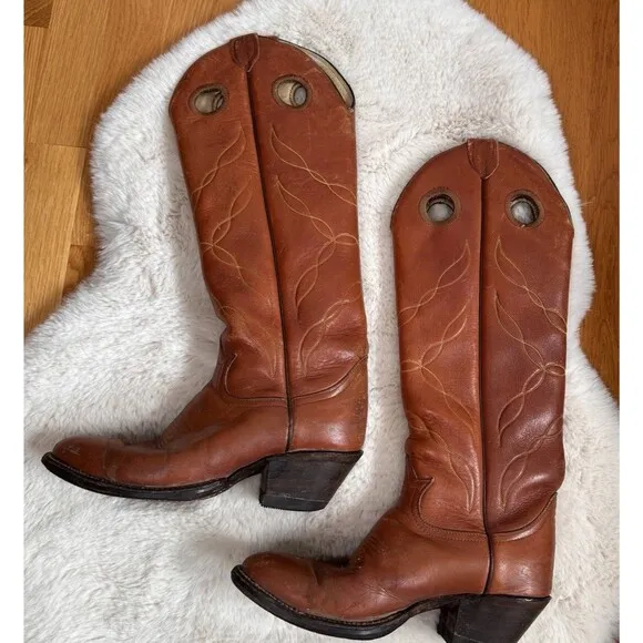 Vitg. TONY LAMA Cowboy Boots Women 7.5 Buckaroo Tall Saddle Tan Leather Western