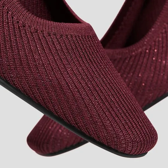 Vivaia Melody 2.0 Square Toe Chunky Heels Sparkly Burgundy Slip On Pump Shoes