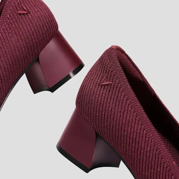 Vivaia Melody 2.0 Square Toe Chunky Heels Sparkly Burgundy Slip On Pump Shoes
