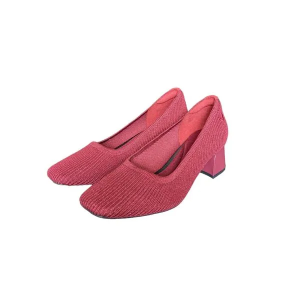 Vivaia Melody 2.0 Square Toe Chunky Heels Sparkly Burgundy Slip On Pump Shoes