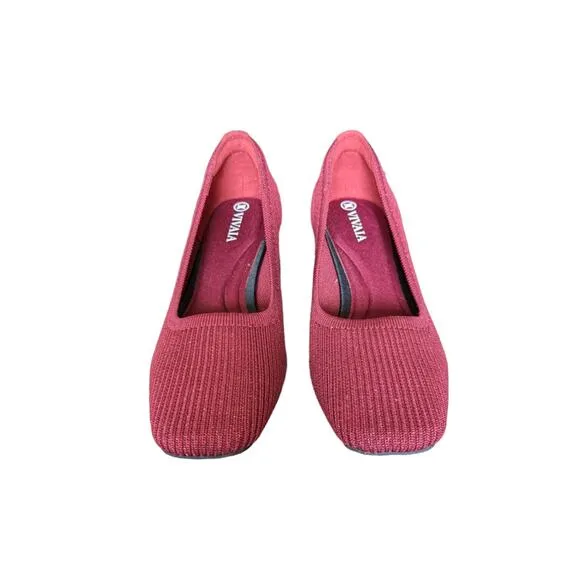 Vivaia Melody 2.0 Square Toe Chunky Heels Sparkly Burgundy Slip On Pump Shoes